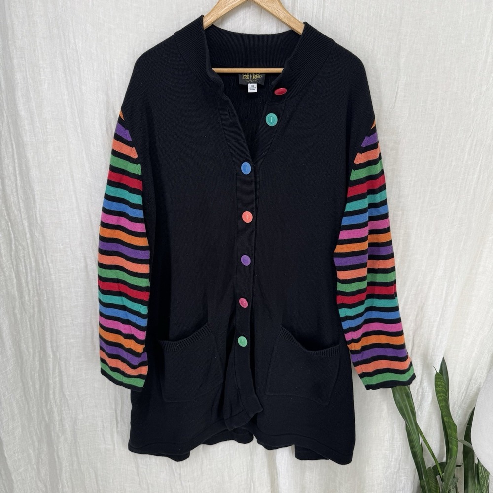 Vtg Bob Mackie Cardigan Sweater 3X Whimsigoth Artsy Rainbow Teacher 90s Indie